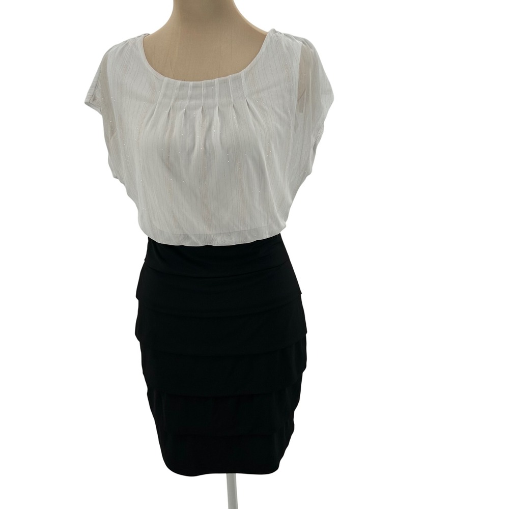 Alexa B Womens 4P White Black Tiered Sheath Dress Metallic Stripe 51003G